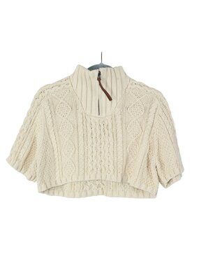 Women's Cable Knit Sweater Cream Zip Neck Short Sleeve Crop Chunky Knit Size M